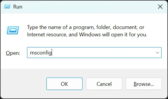 Run window with "msconfig" written to the text field