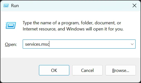 Run window with "services.msc" written to the text field