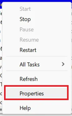 Context menu for an item in Services window